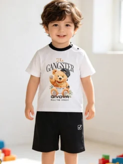 Givova Completo corto da neonato in cotone con t-shirt orsacchiotto e shorts - bianco