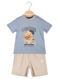 Givova Completo corto da neonato in cotone con t-shirt orsacchiotto e shorts - cielo