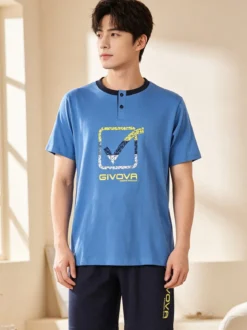 Givova Pigiama corto da uomo in misto cotone con logo - blu