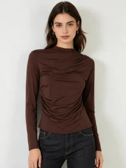 Gondola Blu Maglia donna accollata a maniche lunghe con drappeggio laterale - moro