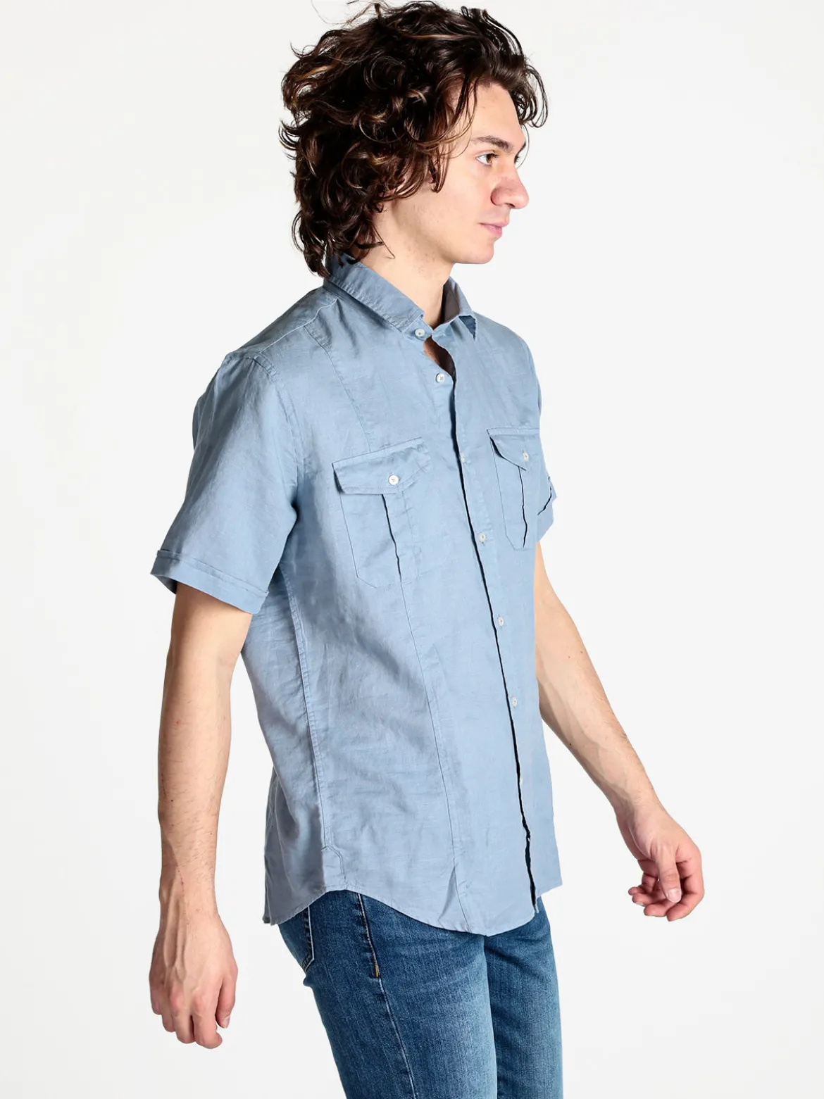 Guy Camicia da uomo misto lino a maniche corte