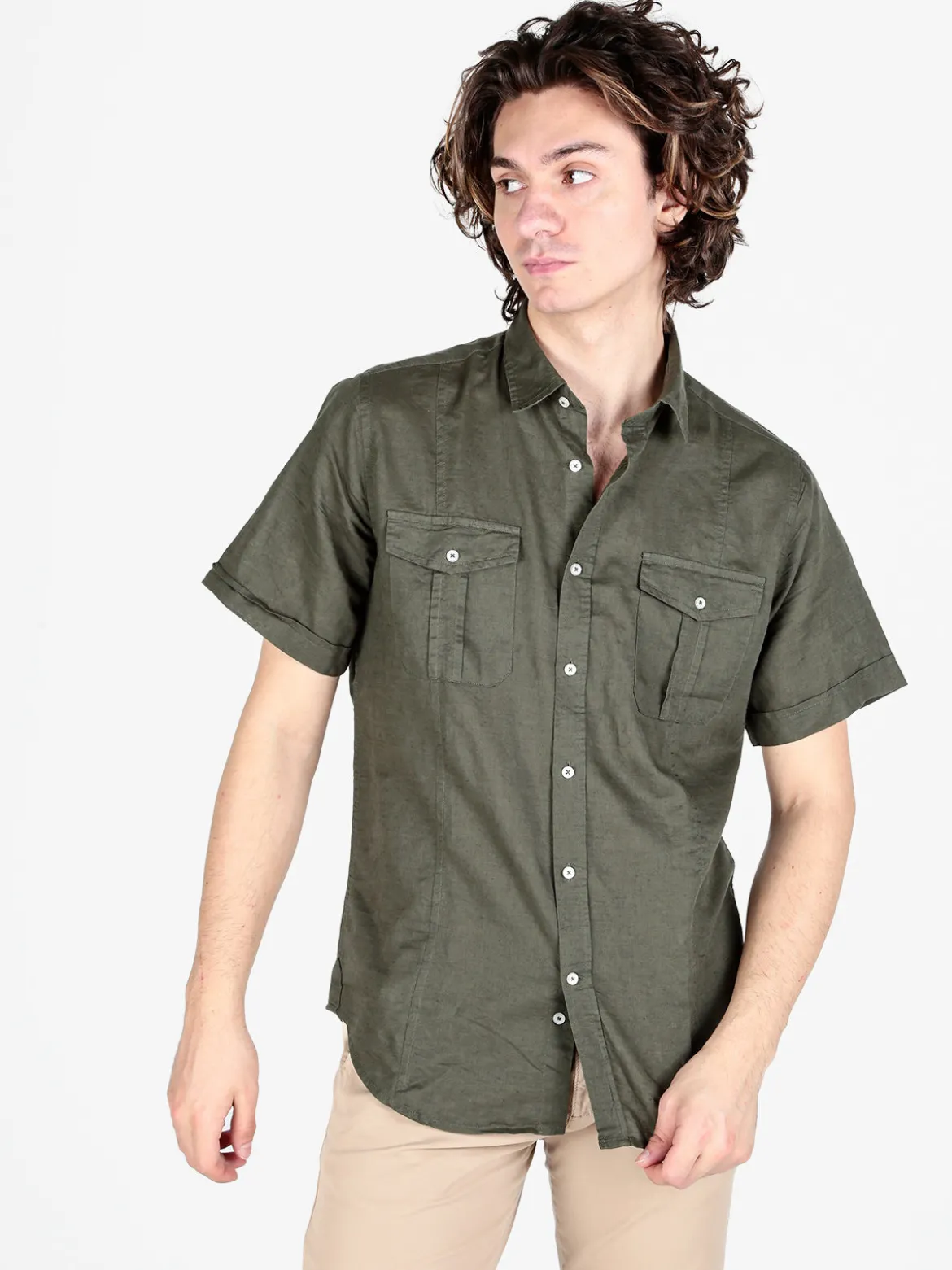Guy Camicia da uomo misto lino a maniche corte