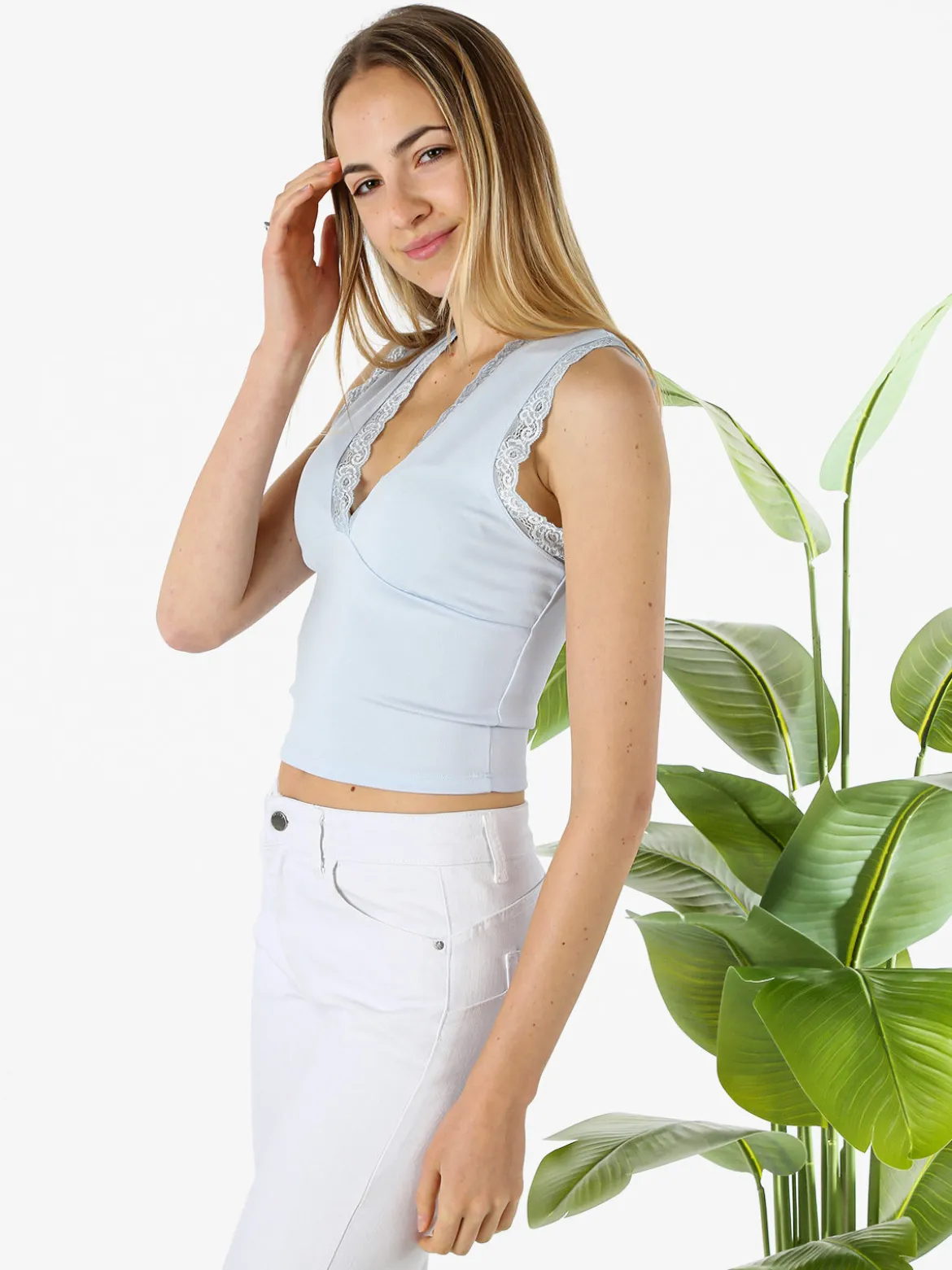 Hdl Milano Top donna elasticizzato con dettagli di pizzo - azzurro