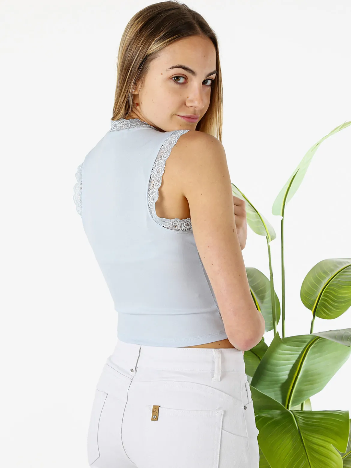 Hdl Milano Top donna elasticizzato con dettagli di pizzo - azzurro
