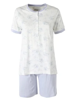Infiore NUVOLA pigiama in cotone da donna con t-shirt floreale e shorts - azzurro