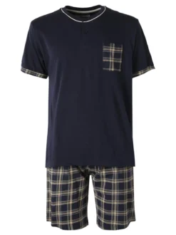 Infioreuomo Pigiama corto da uomo in cotone a quadri - blu scuro