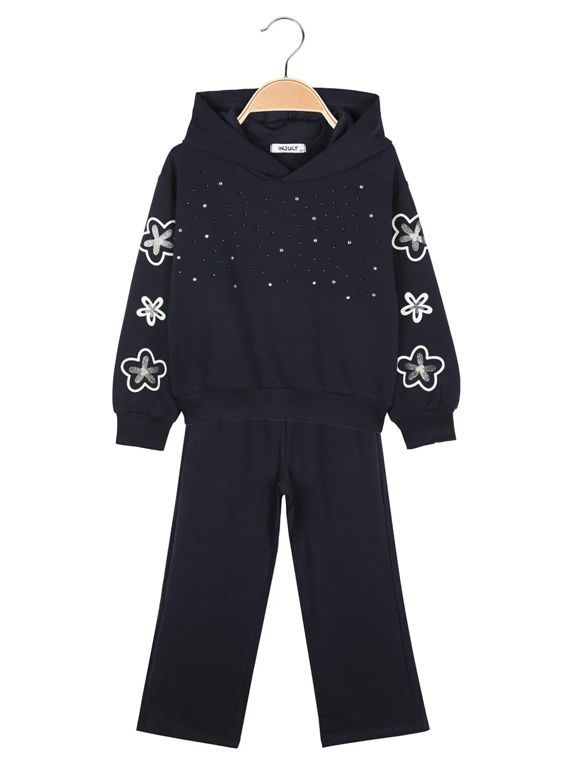 Injuly Completo 2 pezzi da bambina con cappuccio e strass - blu scuro