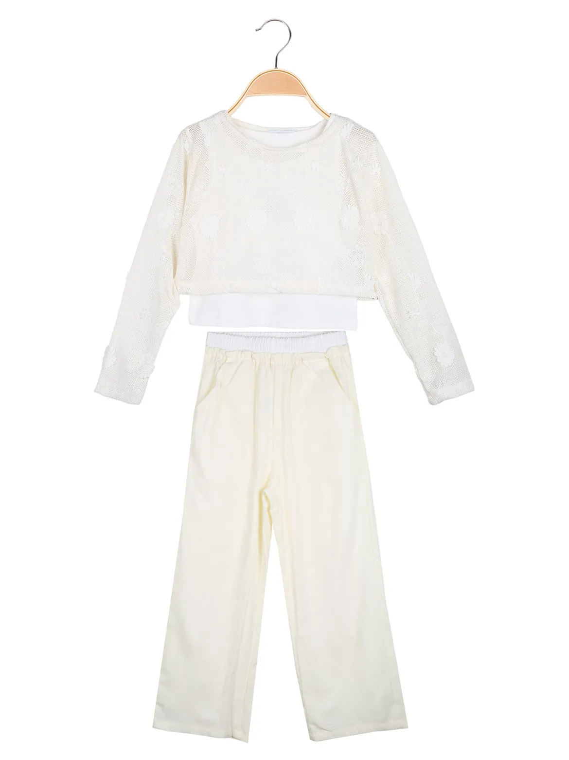 Injuly Completo 3 pezzi da bambina con top traforato e pantaloni misto lino - beige