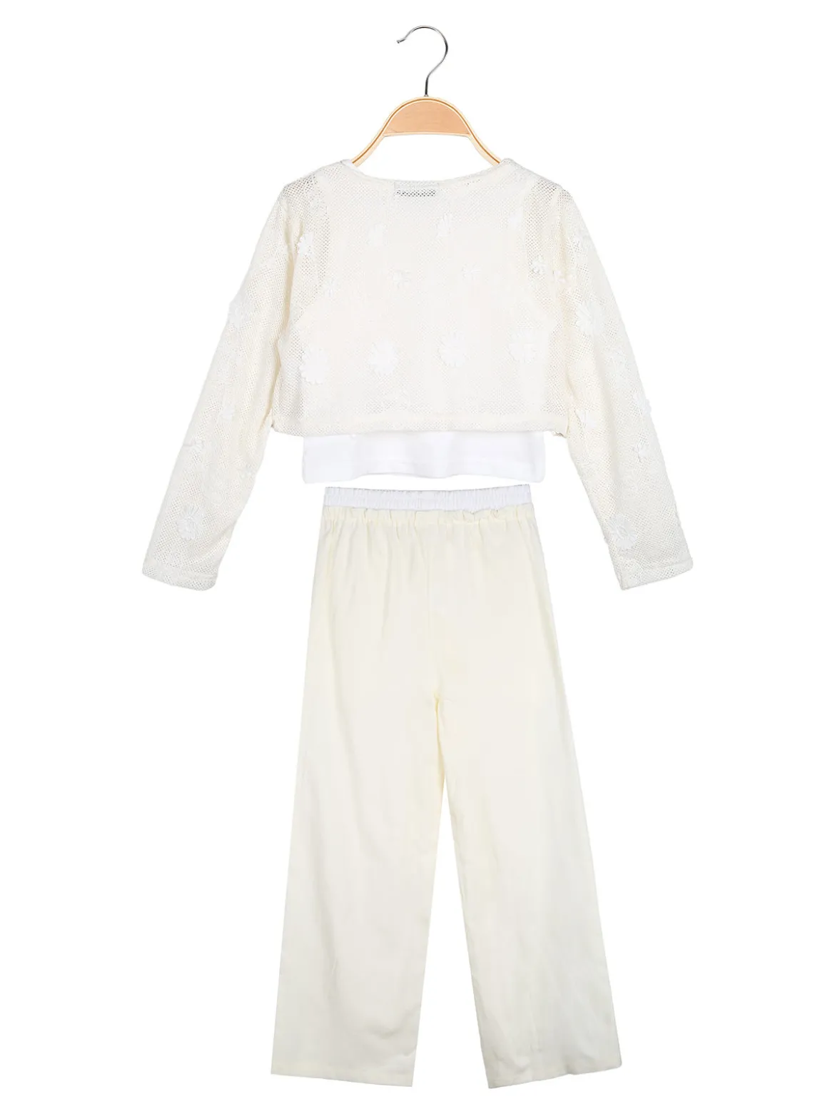 Injuly Completo 3 pezzi da bambina con top traforato e pantaloni misto lino - beige