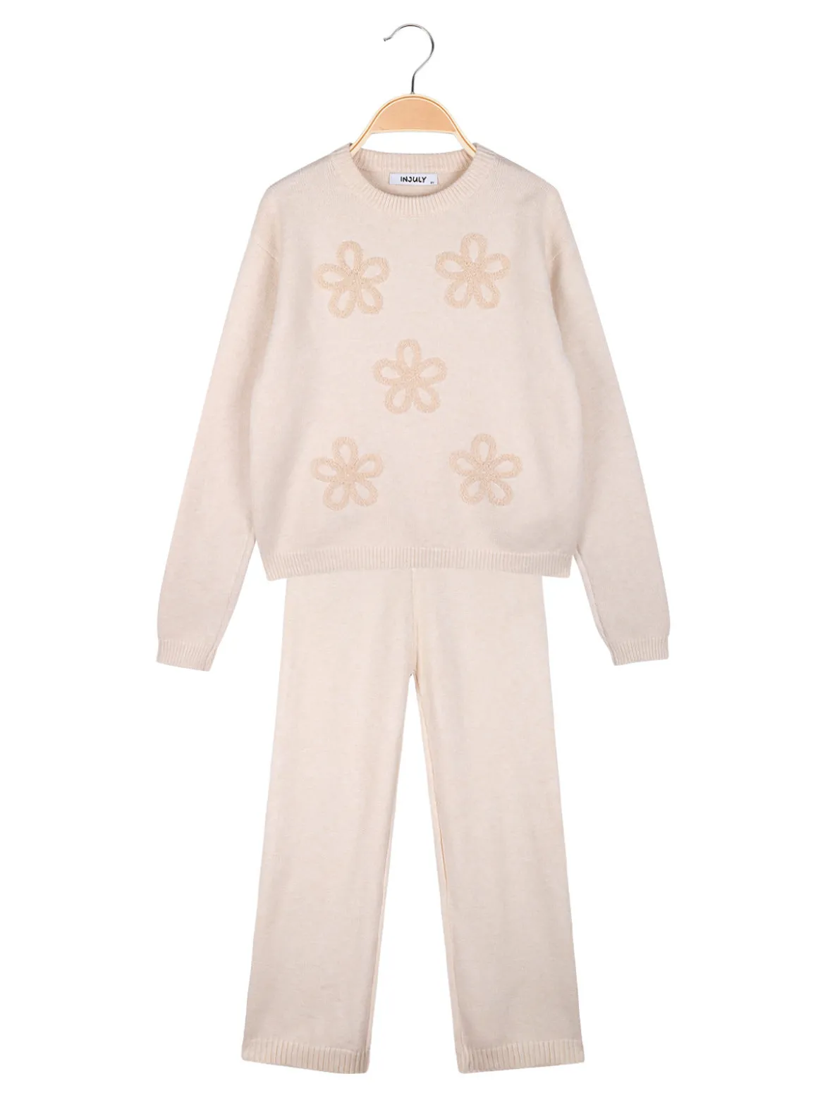 Injuly Completo 2 pezzi da bambina in maglia con ricami - beige
