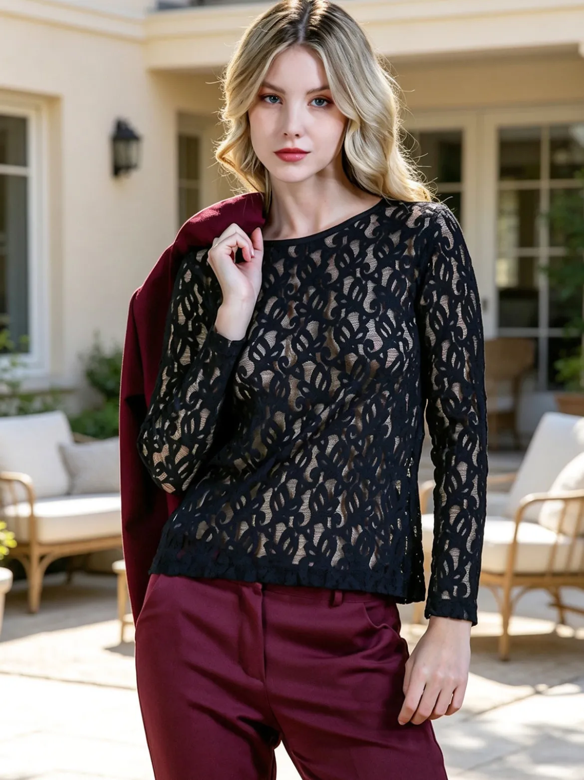 Intimami Top donna a maniche lunghe con pizzo - nero