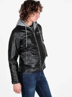 Jeans Yesed Giubbotto da uomo in ecopelle con cappuccio in felpa e interno in pelliccia sintetica