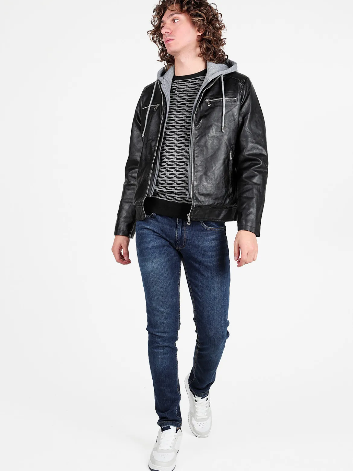 Jeans Yesed Giubbotto da uomo in ecopelle con cappuccio in felpa e interno in pelliccia sintetica