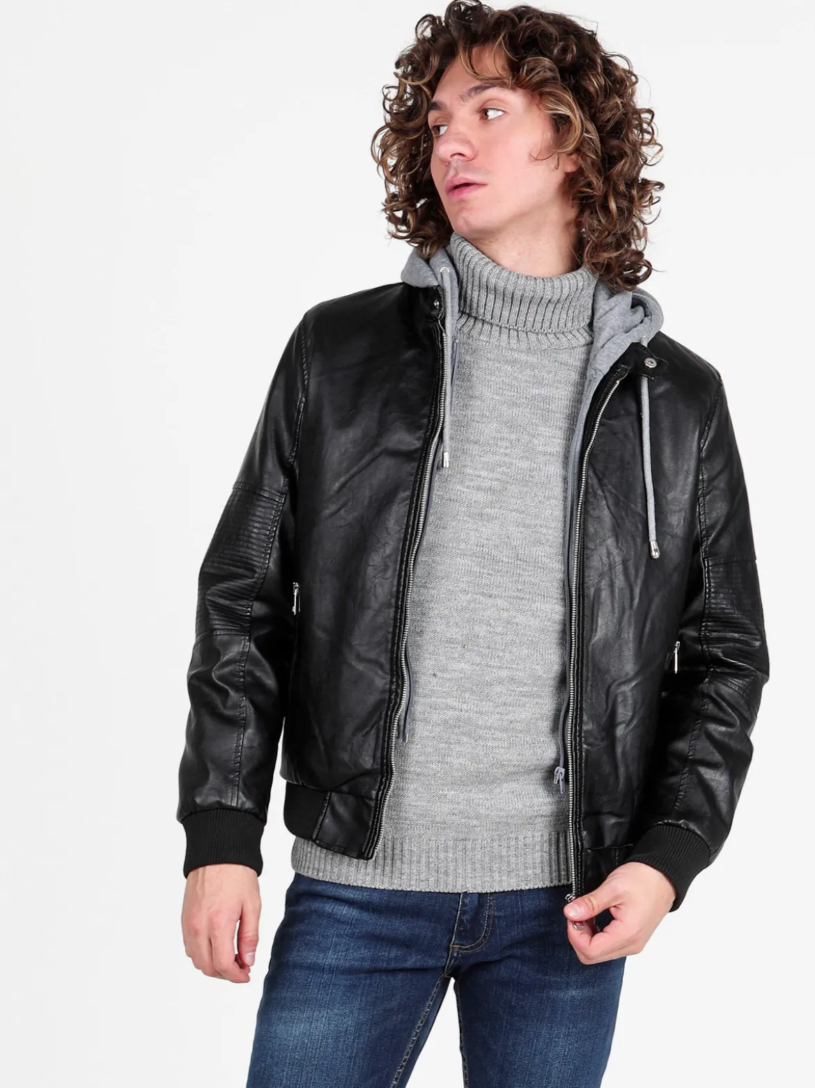 Jeans Yesed Giubbotto da uomo in ecopelle con interno in pelliccia sintetica e cappuccio in felpa