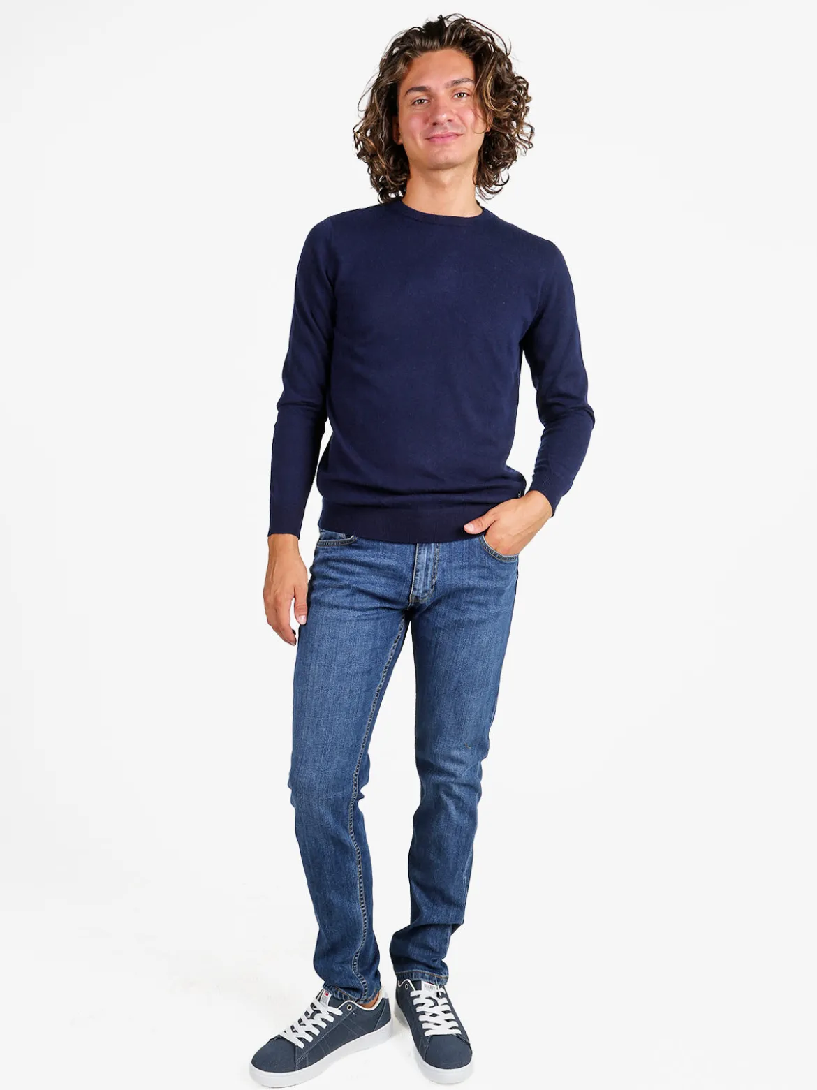 Johnny Looper Maglione girocollo da uomo in misto lana - blu scuro