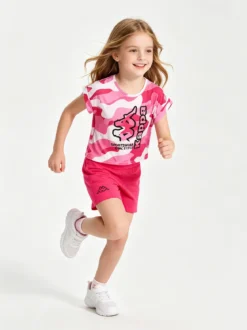 Kappa Completo corto da bambina in cotone con t-shirt mimetica e shorts - fucsia