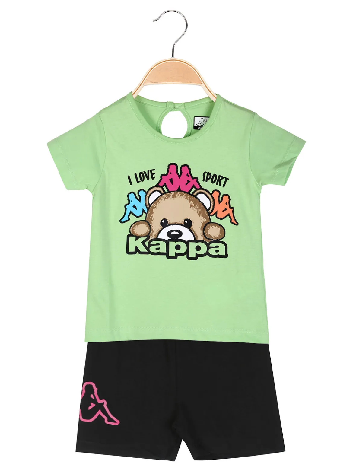 Kappa Completo corto da neonata in cotone con t-shirt orsacchiotto e shorts - verde chiaro