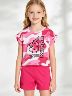 Kappa Completo corto da ragazza in cotone con t-shirt mimetica e shorts - fucsia