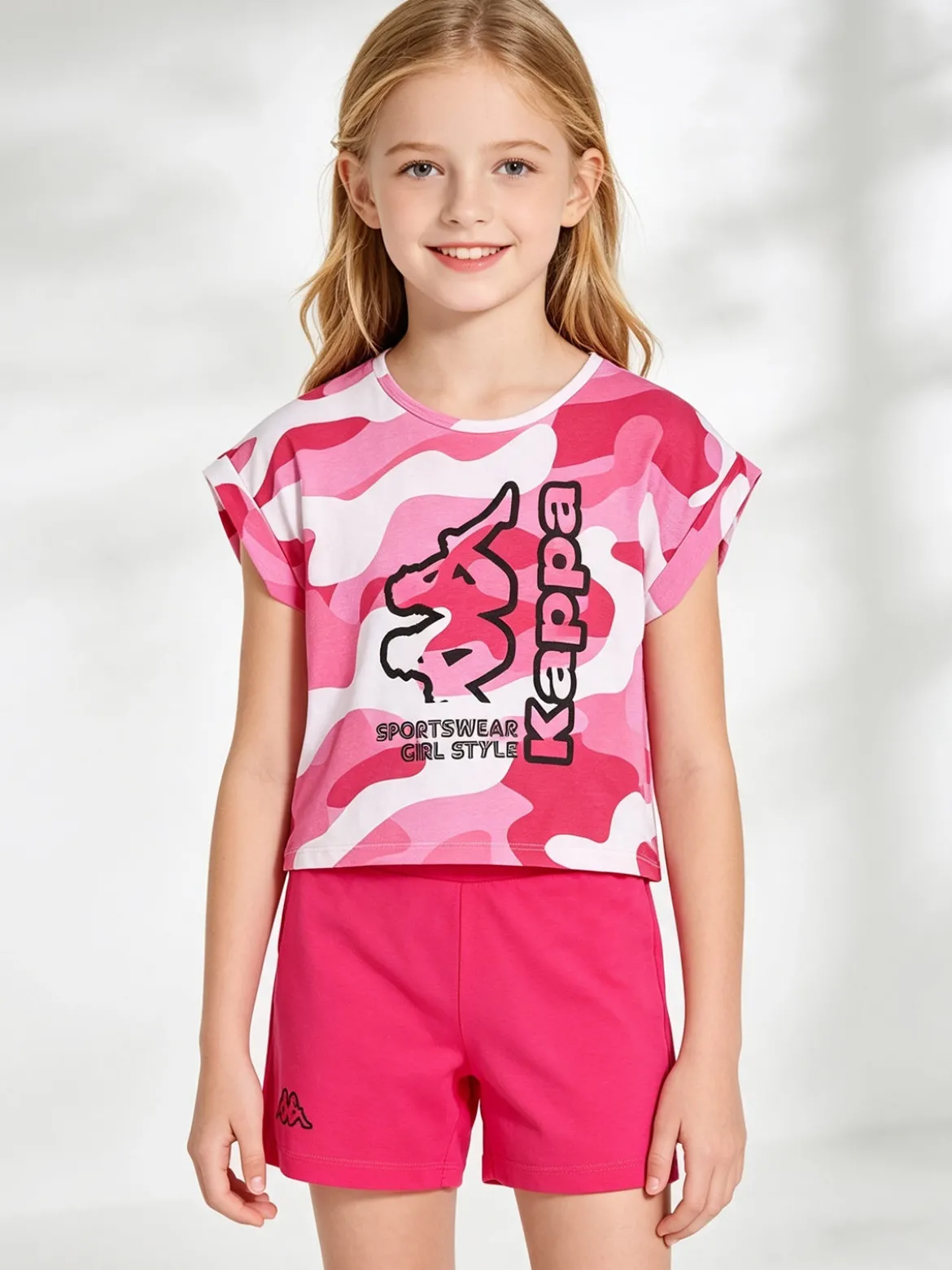 Kappa Completo corto da ragazza in cotone con t-shirt mimetica e shorts - fucsia