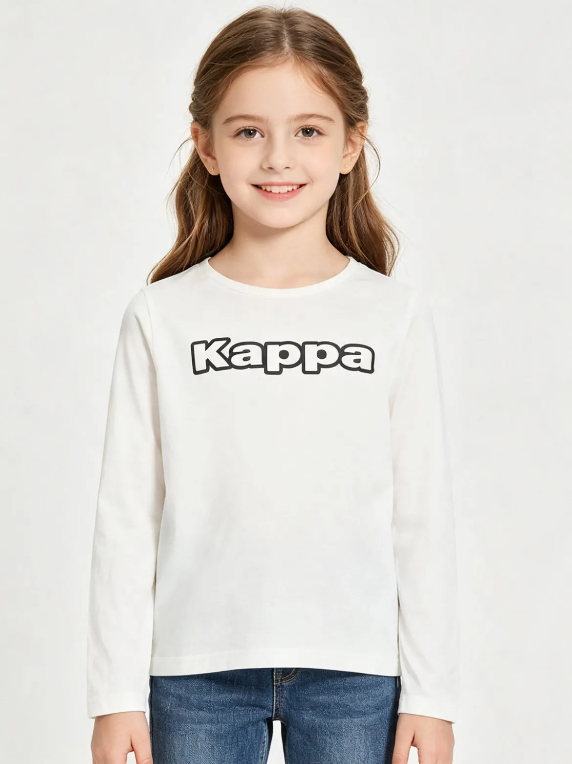 Kappa T-shirt girocollo da bambina a maniche lunghe con logo - bianco