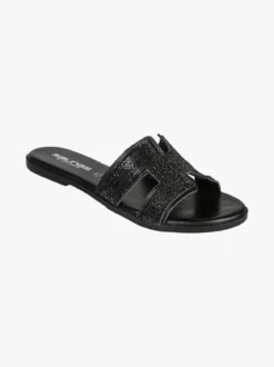 La Cuoieria Ciabatte donna in pelle con strass - nero