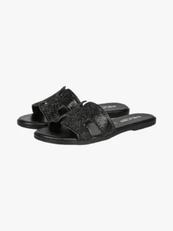 La Cuoieria Ciabatte donna in pelle con strass - nero