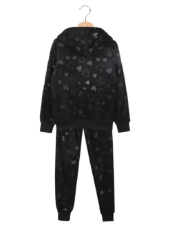 Lady Moda Completo tuta da ragazza 2 pezzi in ciniglia con cappuccio e zip - nero