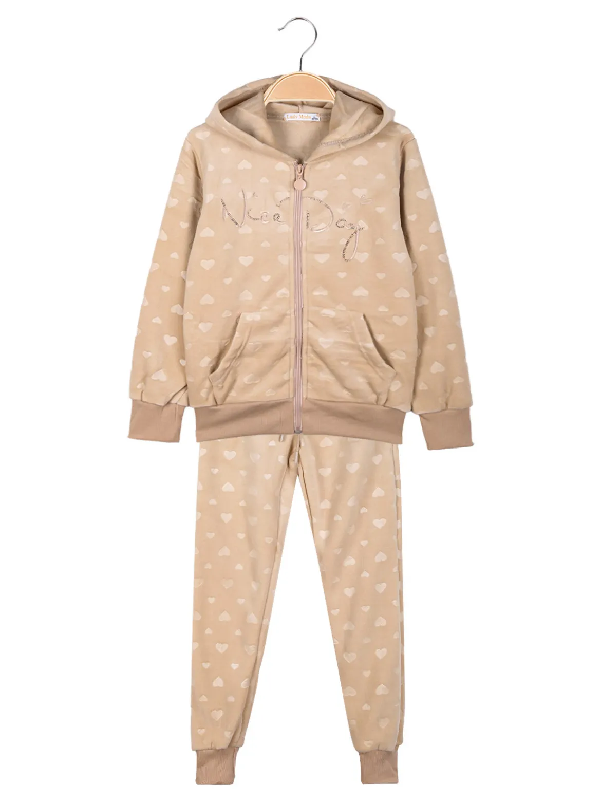 Lady Moda Completo tuta 2 pezzi da bambina in ciniglia - khaki
