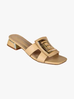 Laura Biagiotti ciabatte donna in vernice con tacco basso e fascia decorativa con logo - nudo