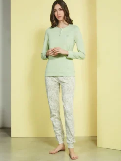 Laura Biagiotti Pigiama lungo da donna in cotone naturale con pantaloni a stampe - verde chiaro