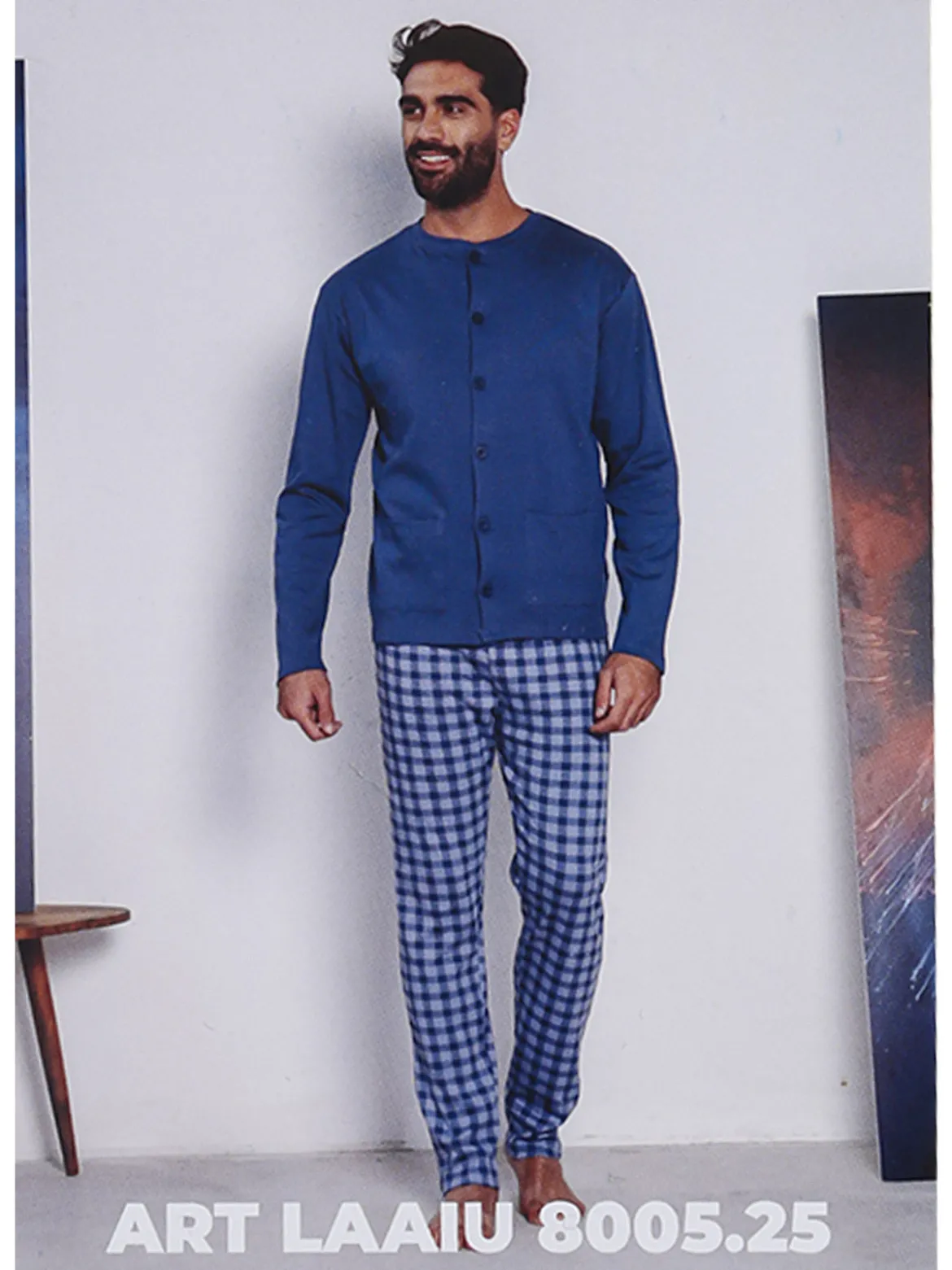 Linea Ambro Pigiama aperto da uomo con pantaloni a quadri - blu