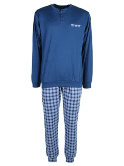 Linea Ambro Pigiama da uomo in misto cotone con pantaloni a quadri e taschino - blu