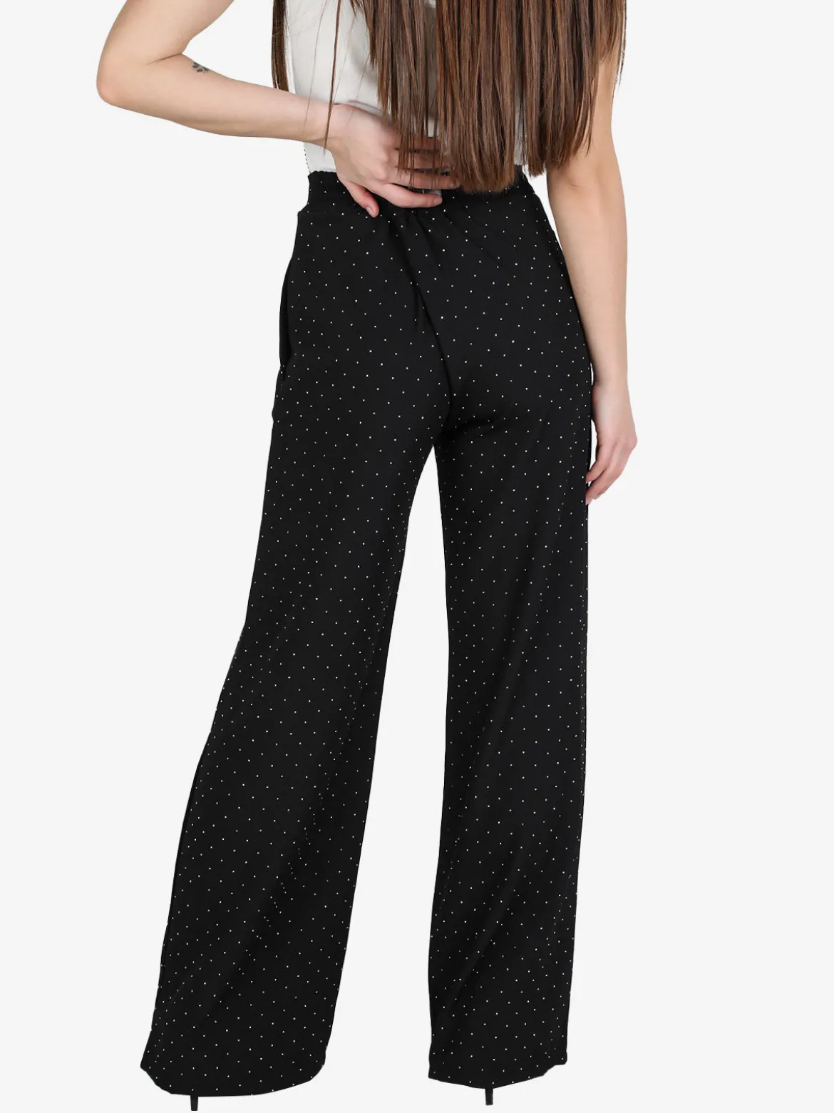 Lisa Style Pantaloni donna a gamba larga con strass