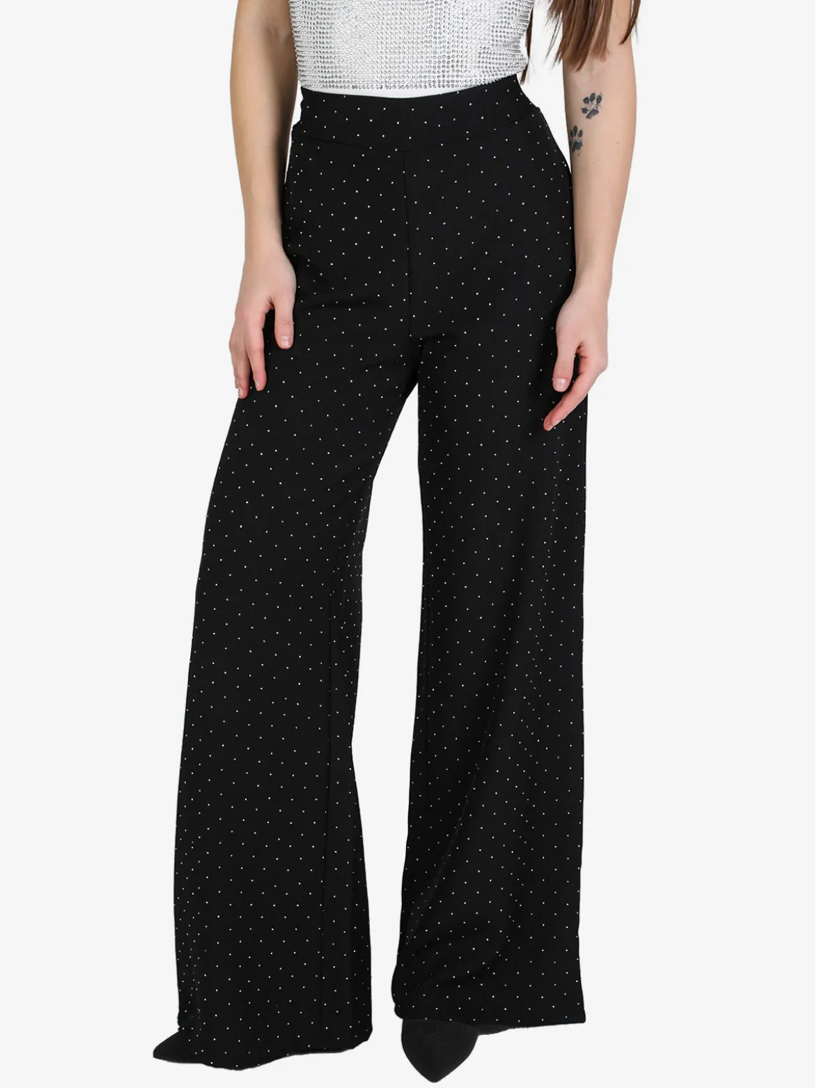 Lisa Style Pantaloni donna a gamba larga con strass
