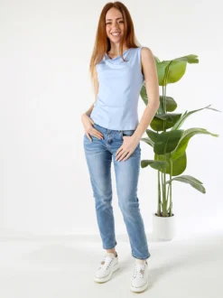 Lissimo Top donna in viscosa con scollo a cascata - azzurro