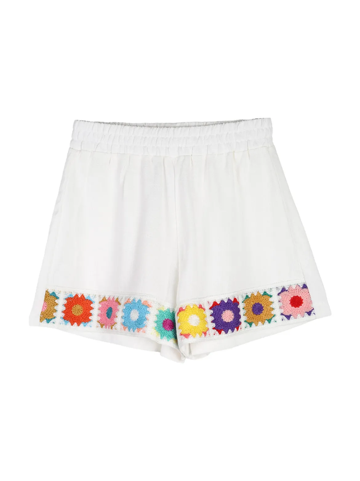 Lollitop Completo corto da bambina in misto cotone e lino con t-shirt e shorts ricamati - bianco