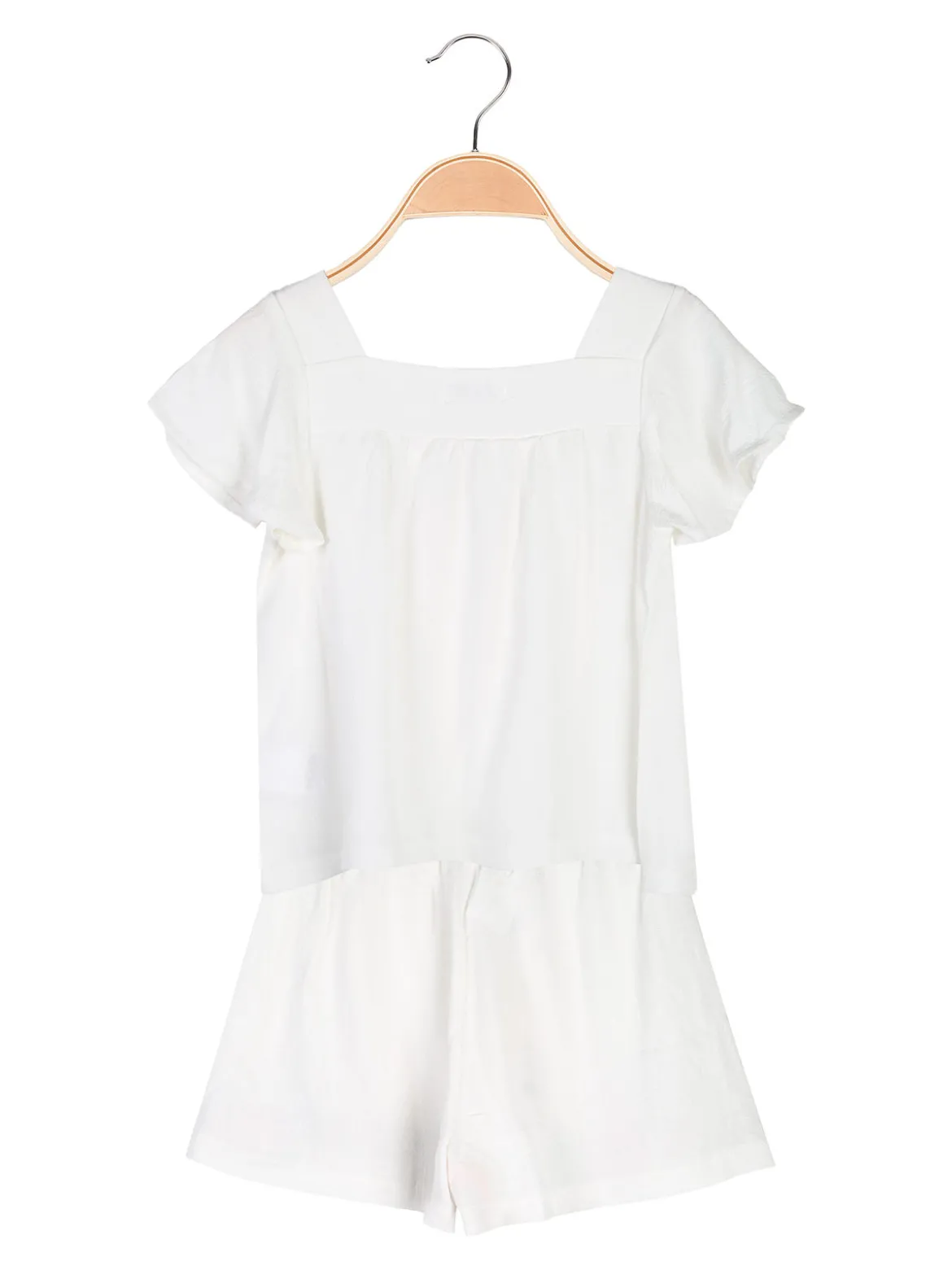 Lollitop Completo corto da bambina in misto cotone e lino con t-shirt e shorts ricamati - bianco