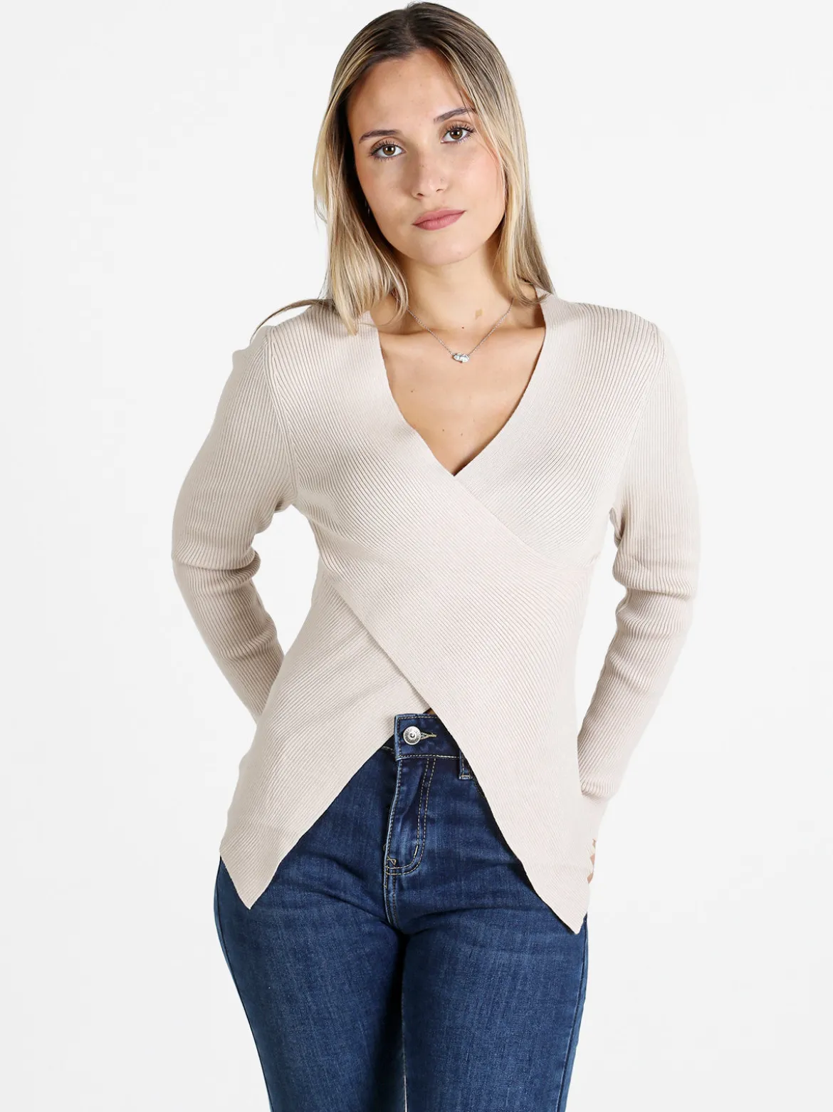 Louise Doro Maglia donna incrociata con finale a punta - beige