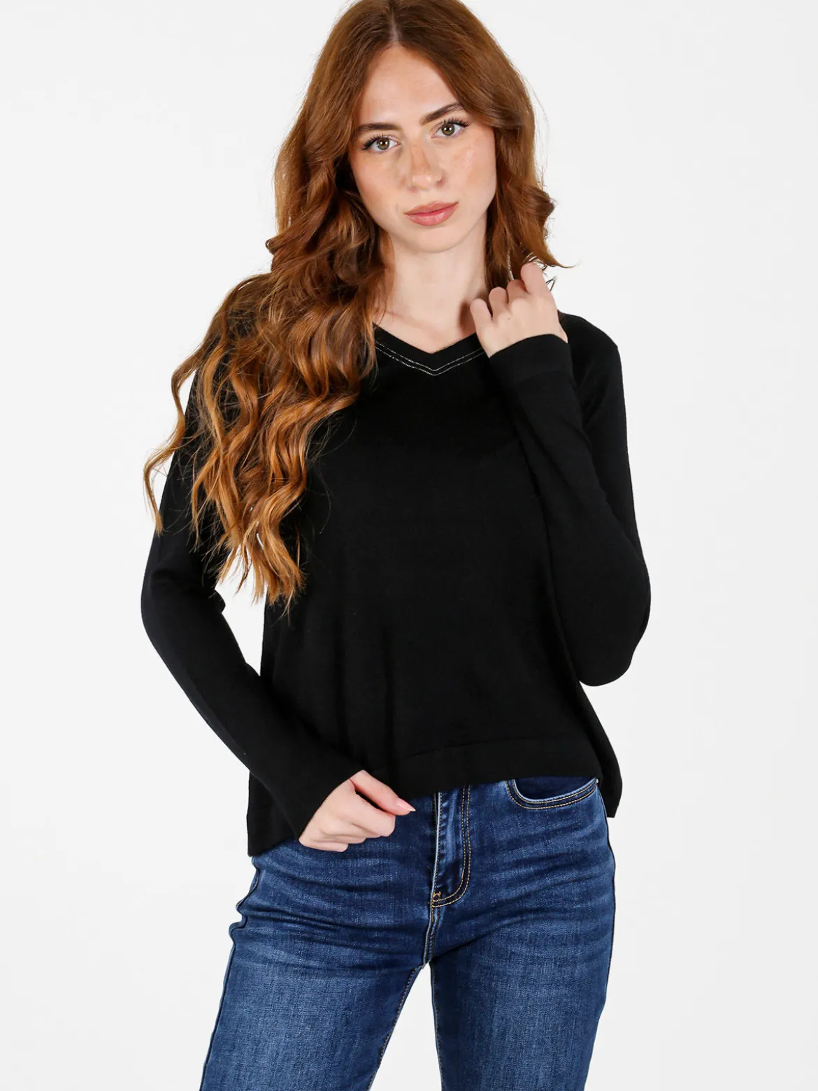 Louise Doro Pullover donna in maglia con scollo a V - nero