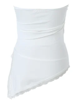 Lovery Top donna asimmetrico con scollo a fascia e bordo finale in pizzo - bianco