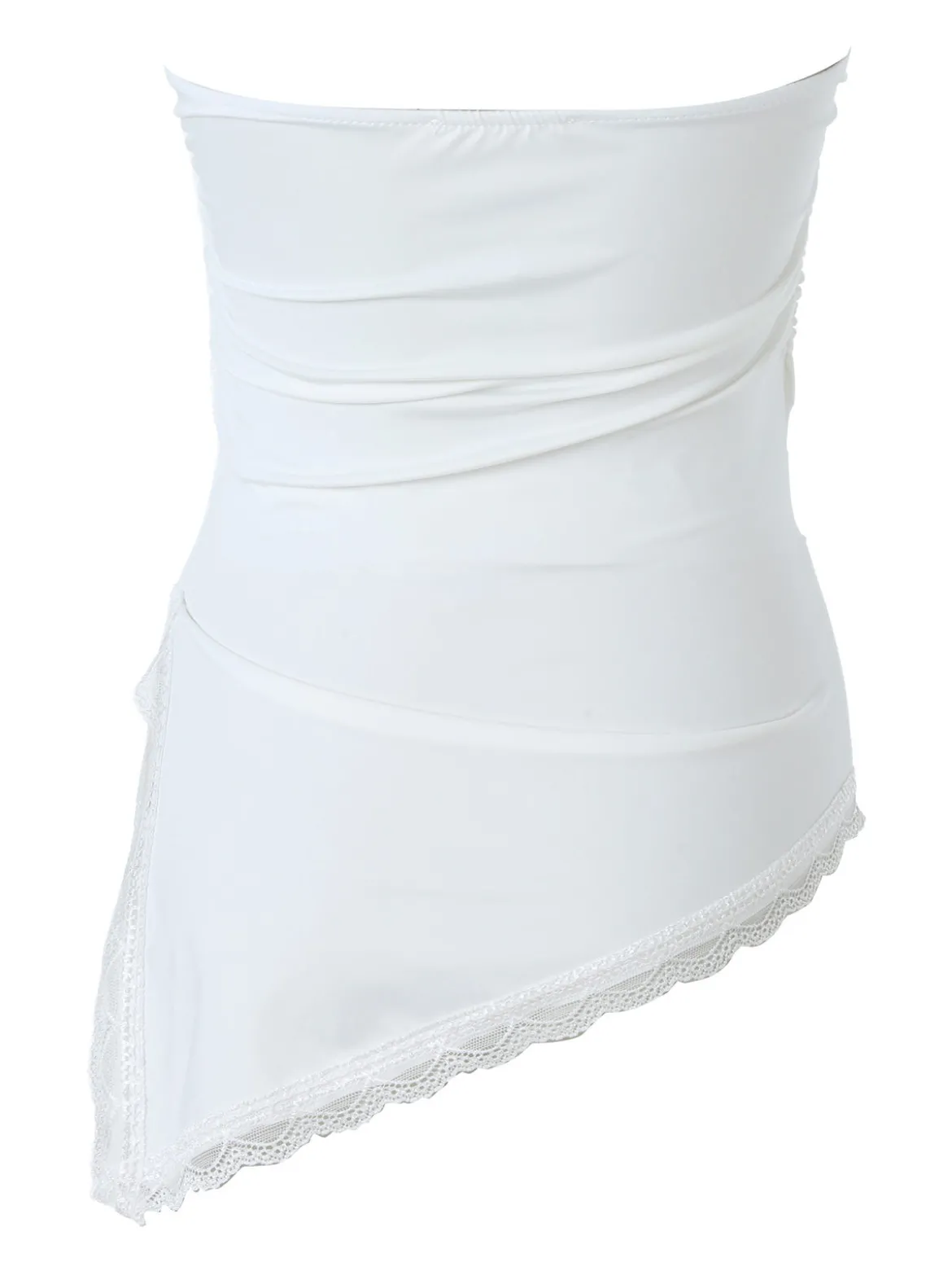 Lovery Top donna asimmetrico con scollo a fascia e bordo finale in pizzo - bianco
