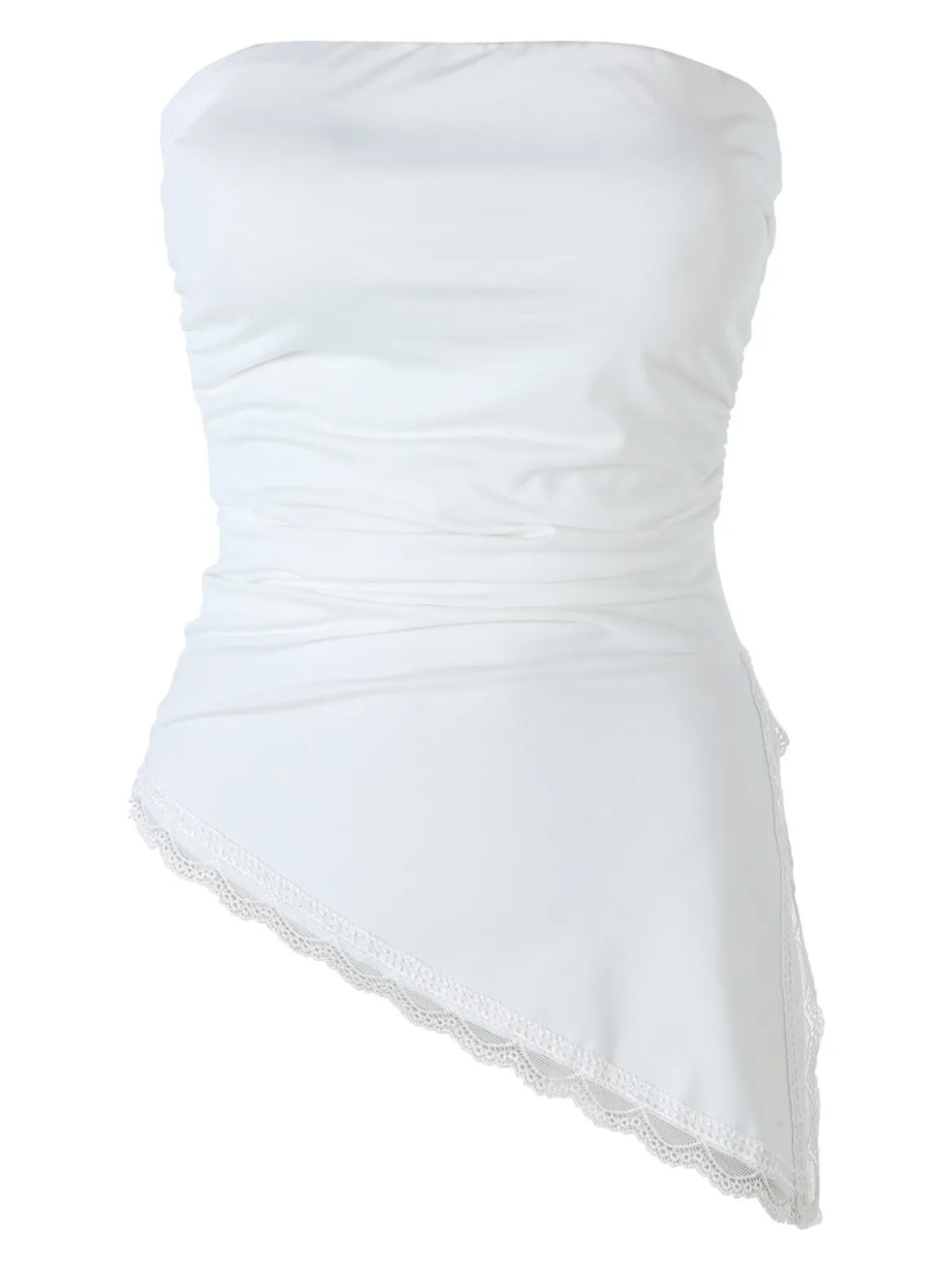 Lovery Top donna asimmetrico con scollo a fascia e bordo finale in pizzo - bianco