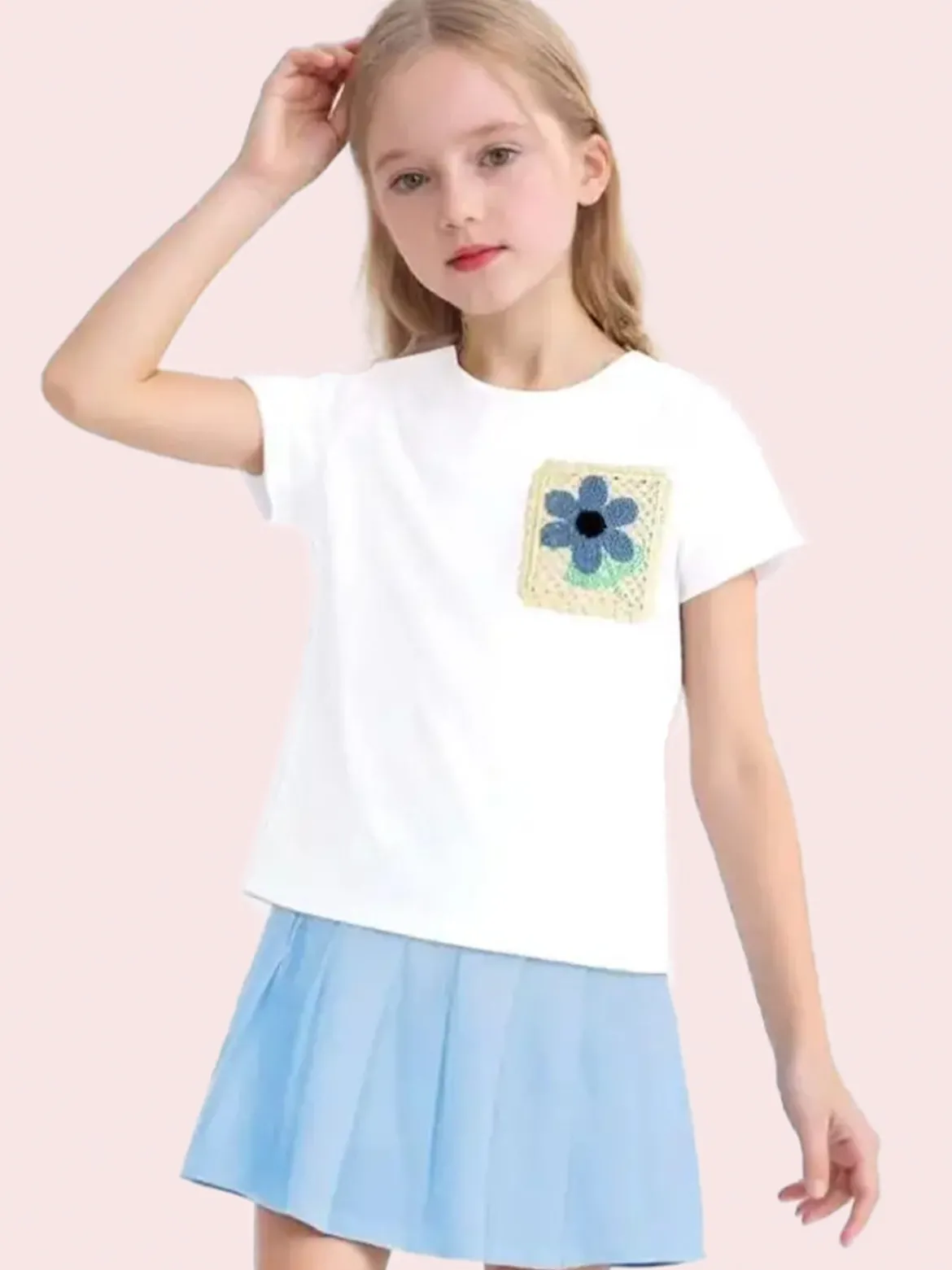 Luisa Chic T-shirt da bambina in cotone con toppa in macramè - bianco