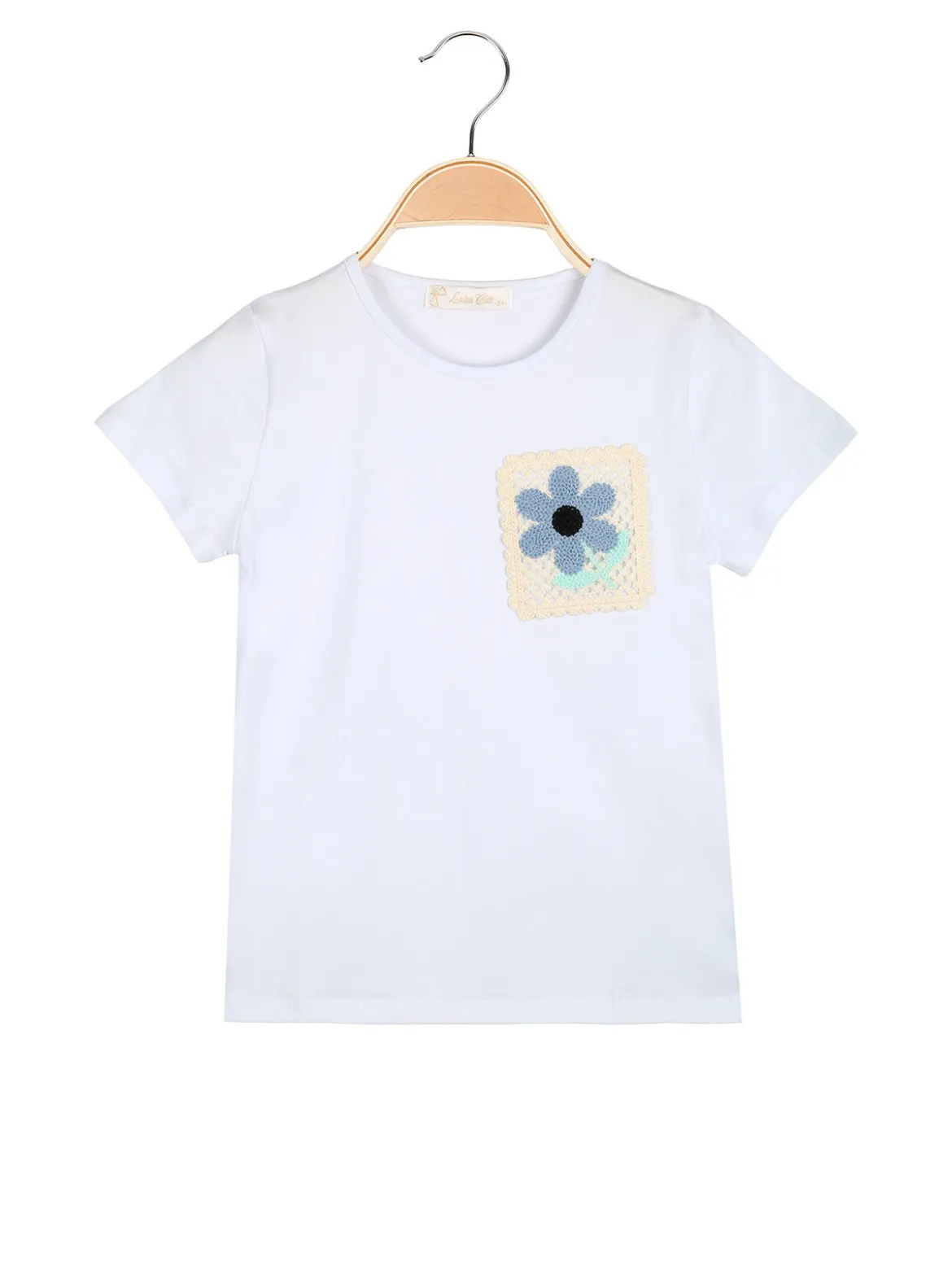 Luisa Chic T-shirt da bambina in cotone con toppa in macramè - bianco