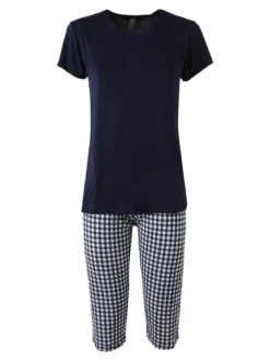 Magic Dream Pigiama da donna in fibre di bamboo con t-shirt e pinocchietti a quadretti - blu scuro