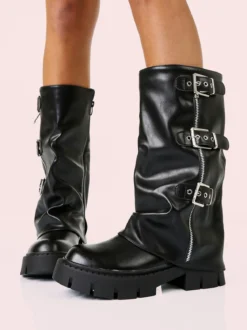 Martin Pescatore Stivaletti chunky donna a doppio strato con fibbie e zip - nero