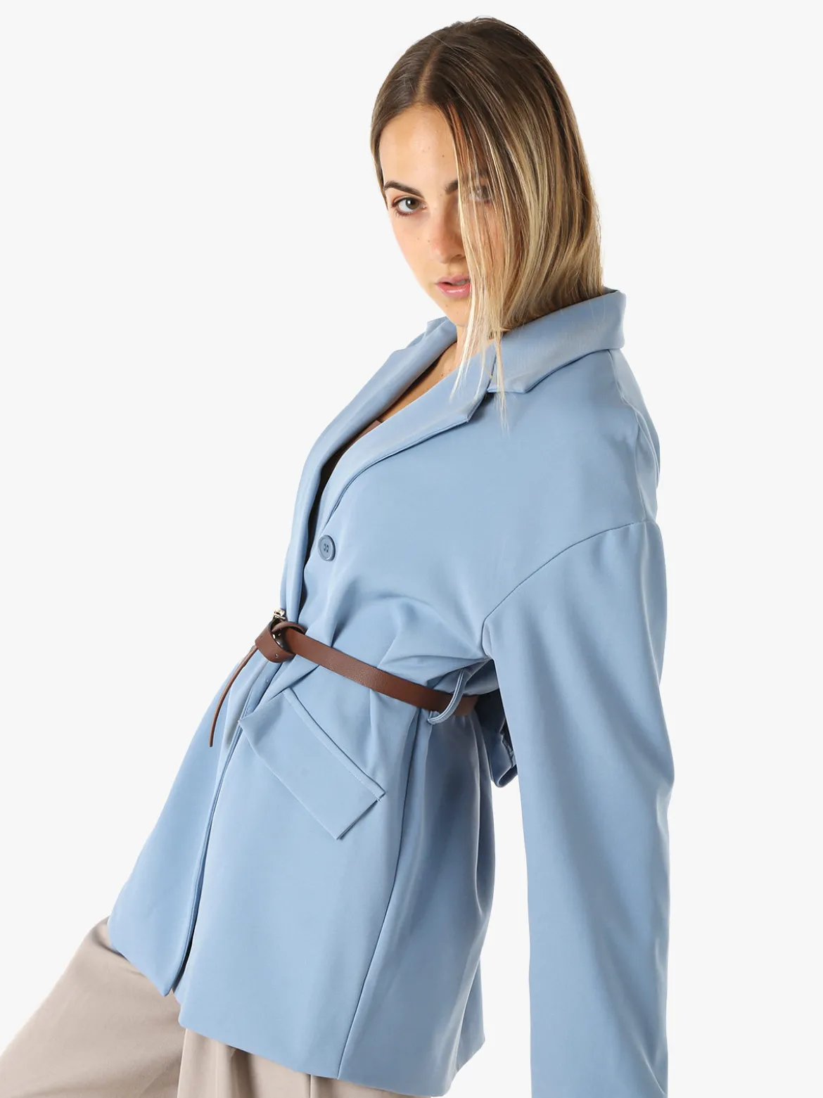 Melitea Blazer donna a doppiopetto con cintura in vita - cielo
