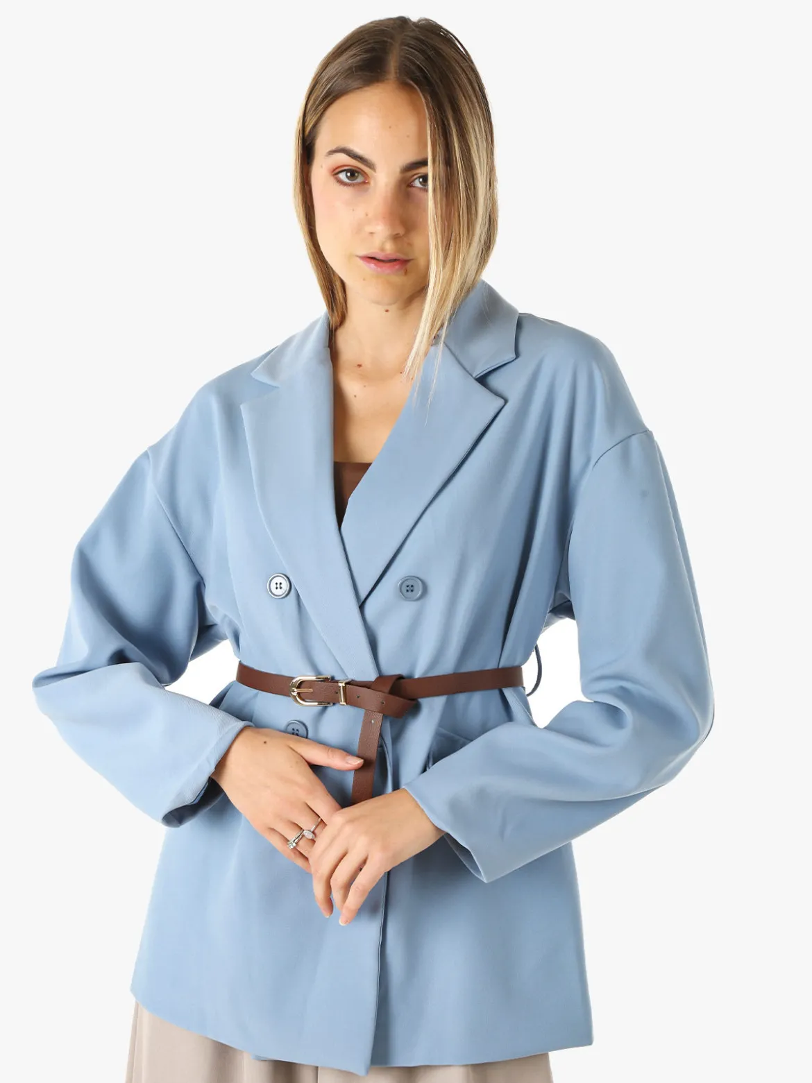 Melitea Blazer donna a doppiopetto con cintura in vita - cielo
