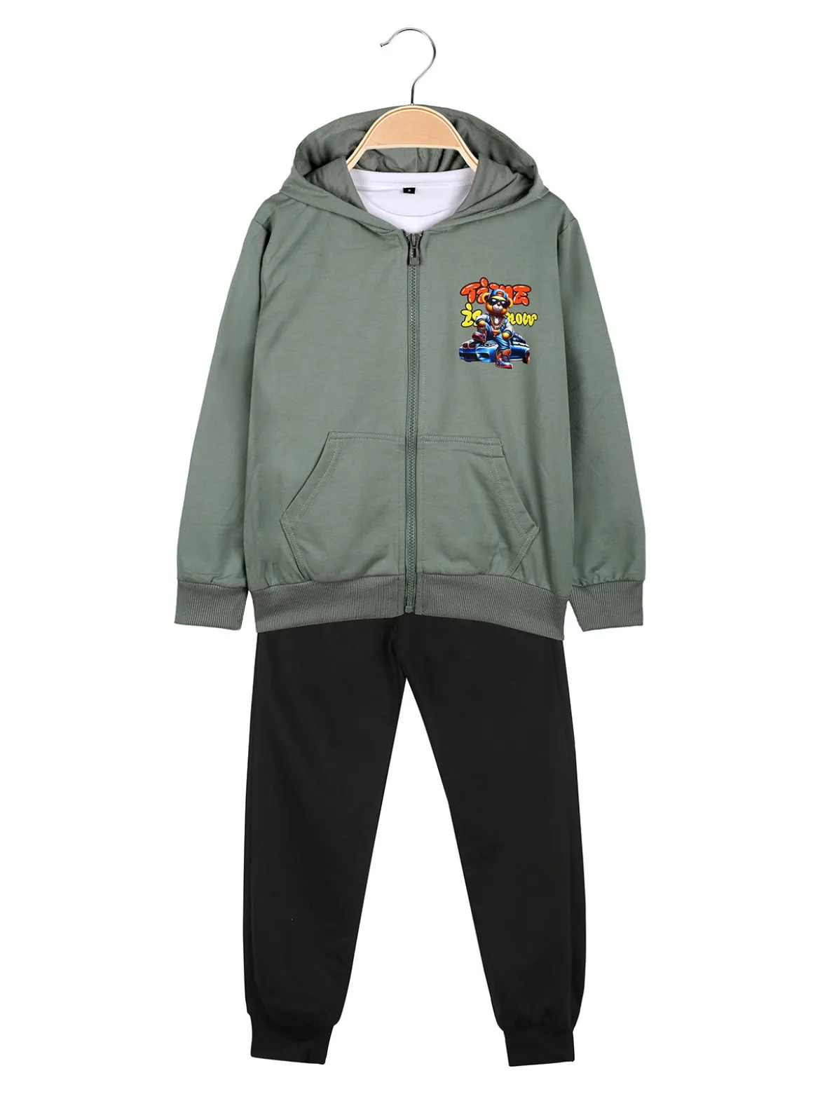 Mg Fashion Studio Completo tuta da bambino con cappuccio e zip e stampa davanti e dietro - verde
