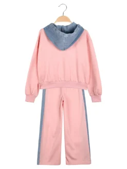 Miss Bellina Completo 2 pezzi da bambina a gamba larga con cappuccio in jeans e zip - rosa